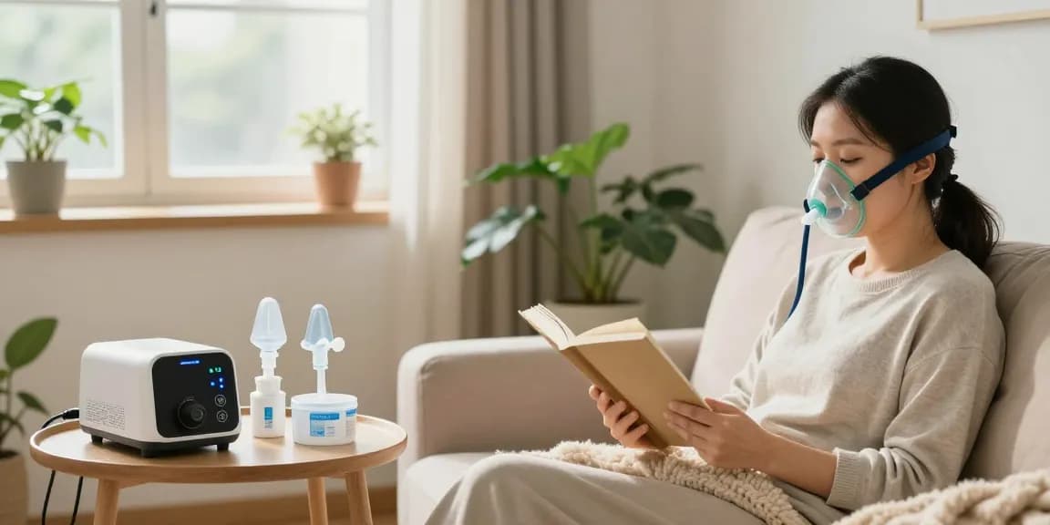 Relaxed patient using CPAP supply in cozy living room with warm sunlight.