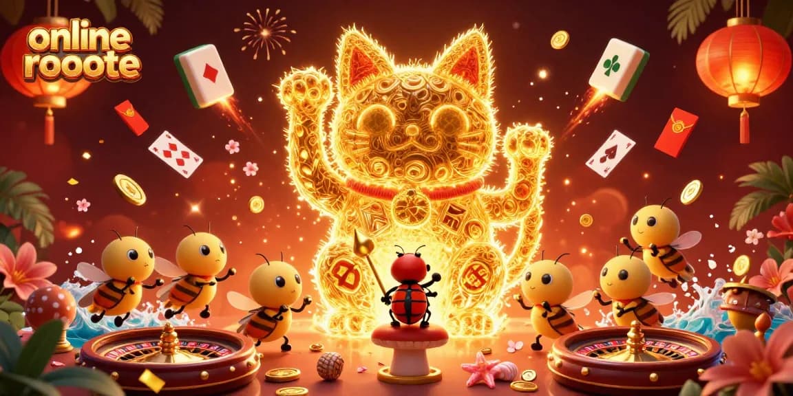 Experience the excitement of online roulette with vibrant casino elements and a lucky cat illustration.