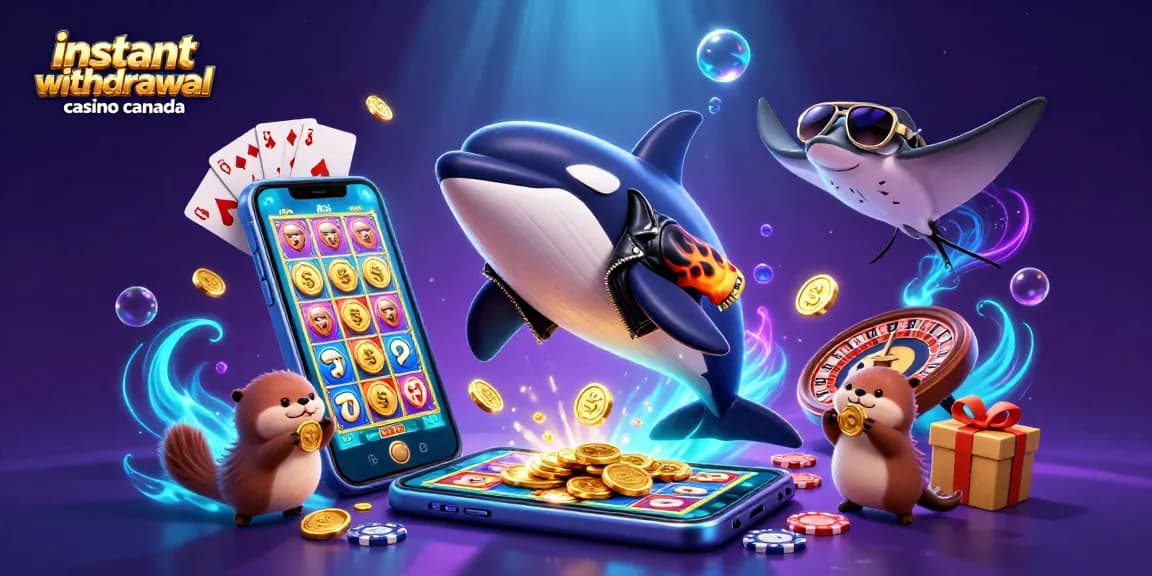 Engage with the instant withdrawal casino Canada scene featuring a dynamic orca, stingray, and otters with coins.