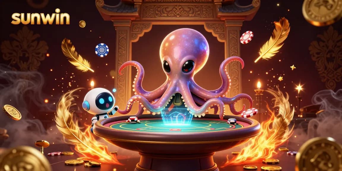 Experience thrilling gameplay at sunwin with an alien octopus and robot in a cosmic poker setting.