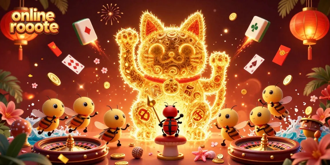 Experience the excitement of online roulette with vibrant casino elements and a lucky cat illustration.