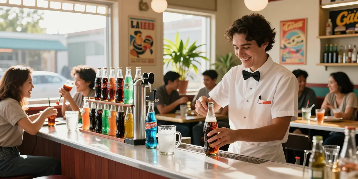 Enjoying glass bottle soda floats at a vintage soda shop with cheerful ambiance.