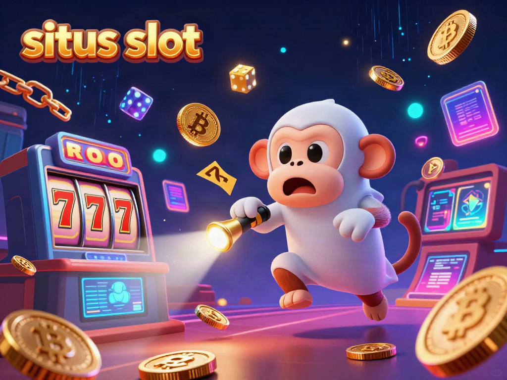 Experience the excitement of the situs slot with animated characters surrounded by vibrant casino elements.