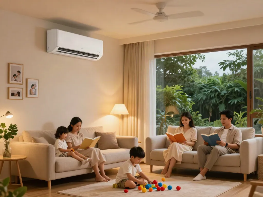 Family enjoying comfort from a ductless air conditioner in a cozy living room.