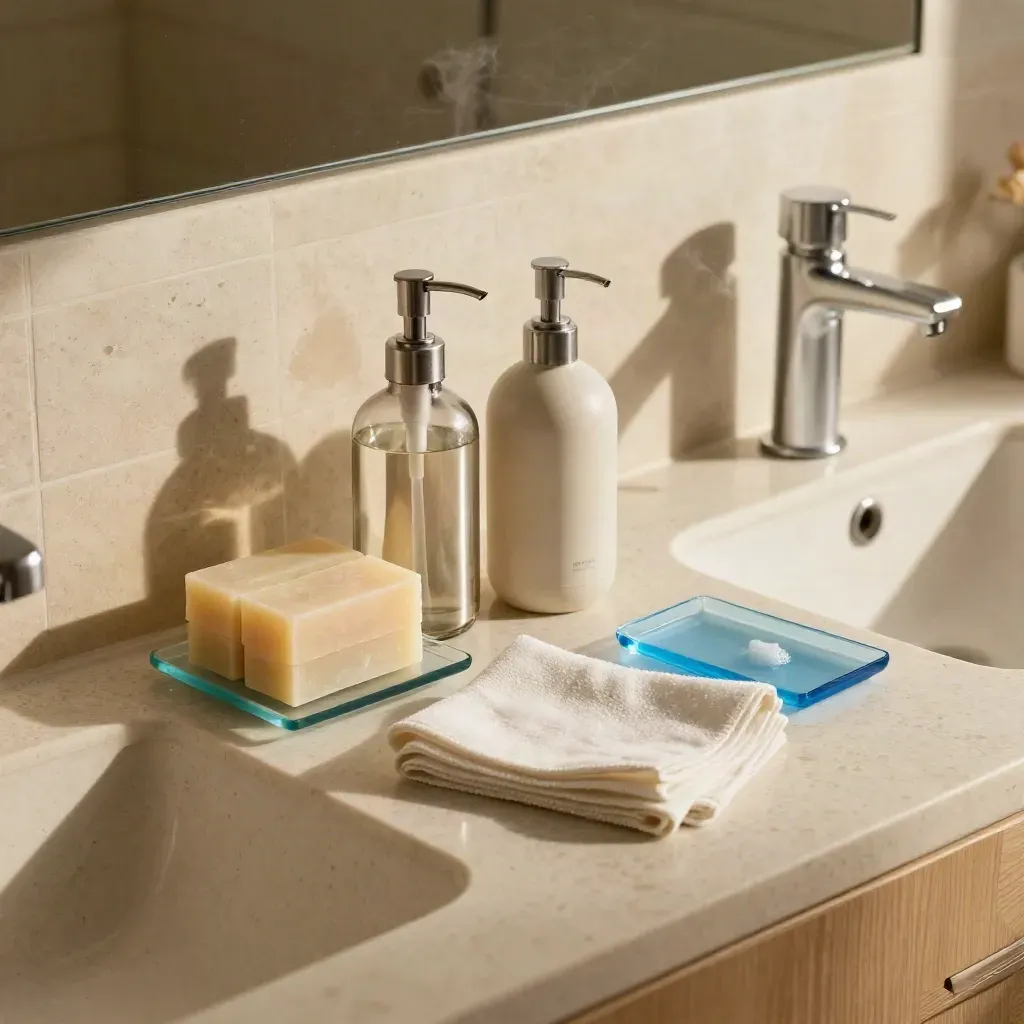 Eco-clean bathroom set with refill bottles, soap bars, cloths, and a gleaming sink in warm light