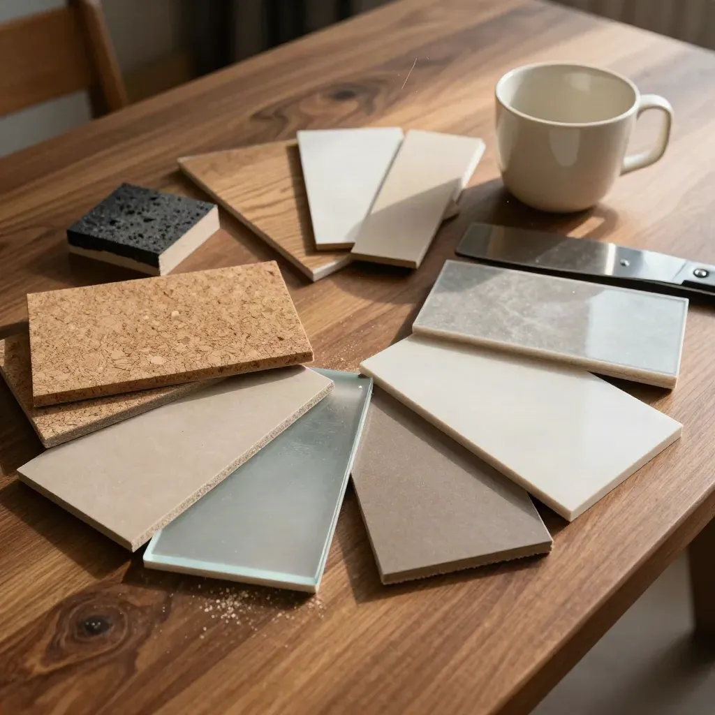 Overhead renovation materials laid out on a walnut workbench with sawdust in warm light.