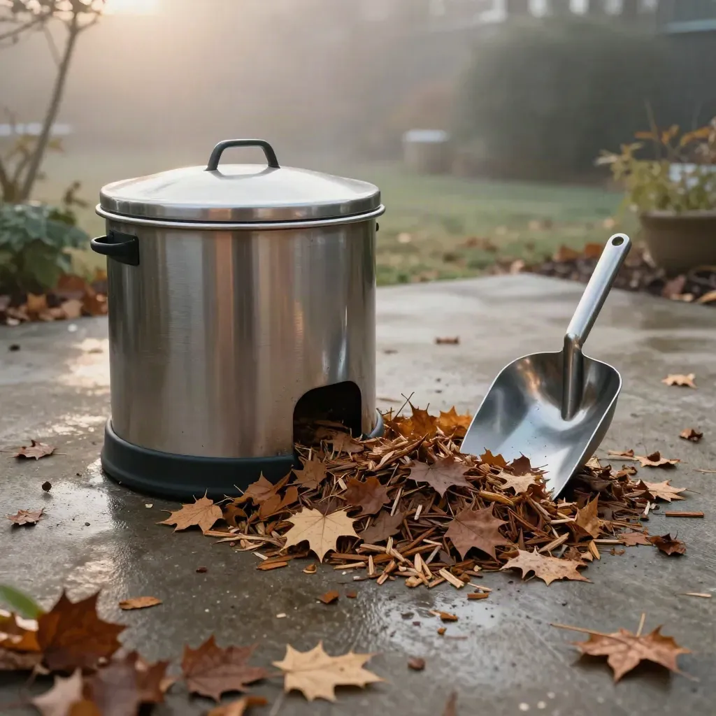 Compost caddy and sealed tumbler on a misty concrete patio with leaves and cedar chips.