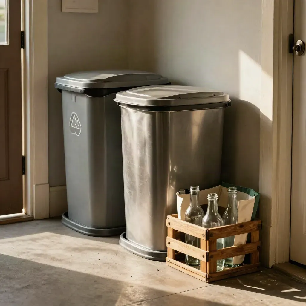 Recycling station in a bright back entry with bins, tote, bottle crate, and compost pail.
