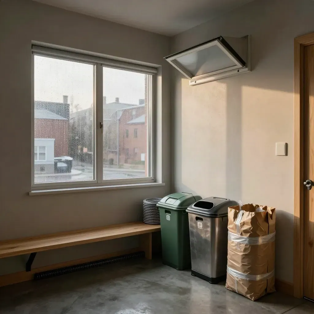 Toronto retrofit corner with recycling carts, compost caddy, sealed window, and morning haze.