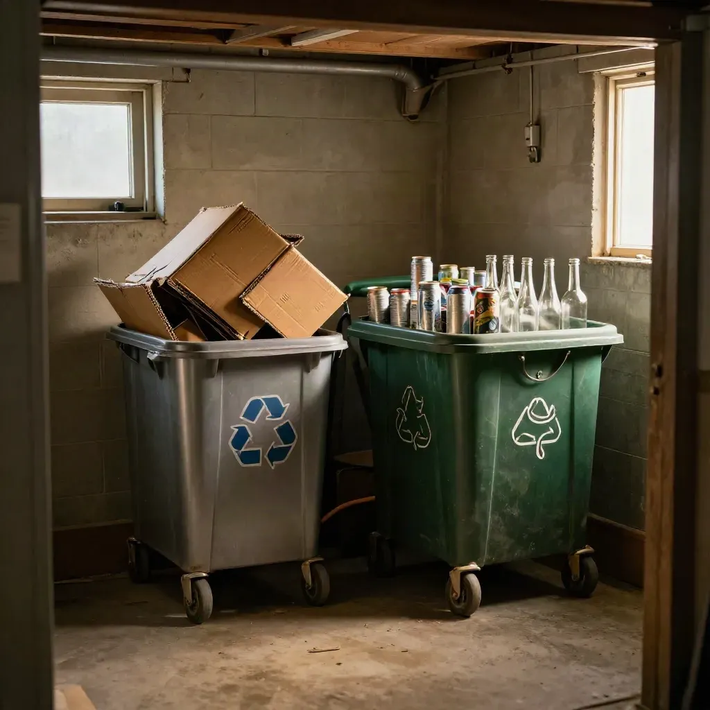 Basement recycling corner with sorted cardboard, cans, glass, and clean carts in warm cellar light