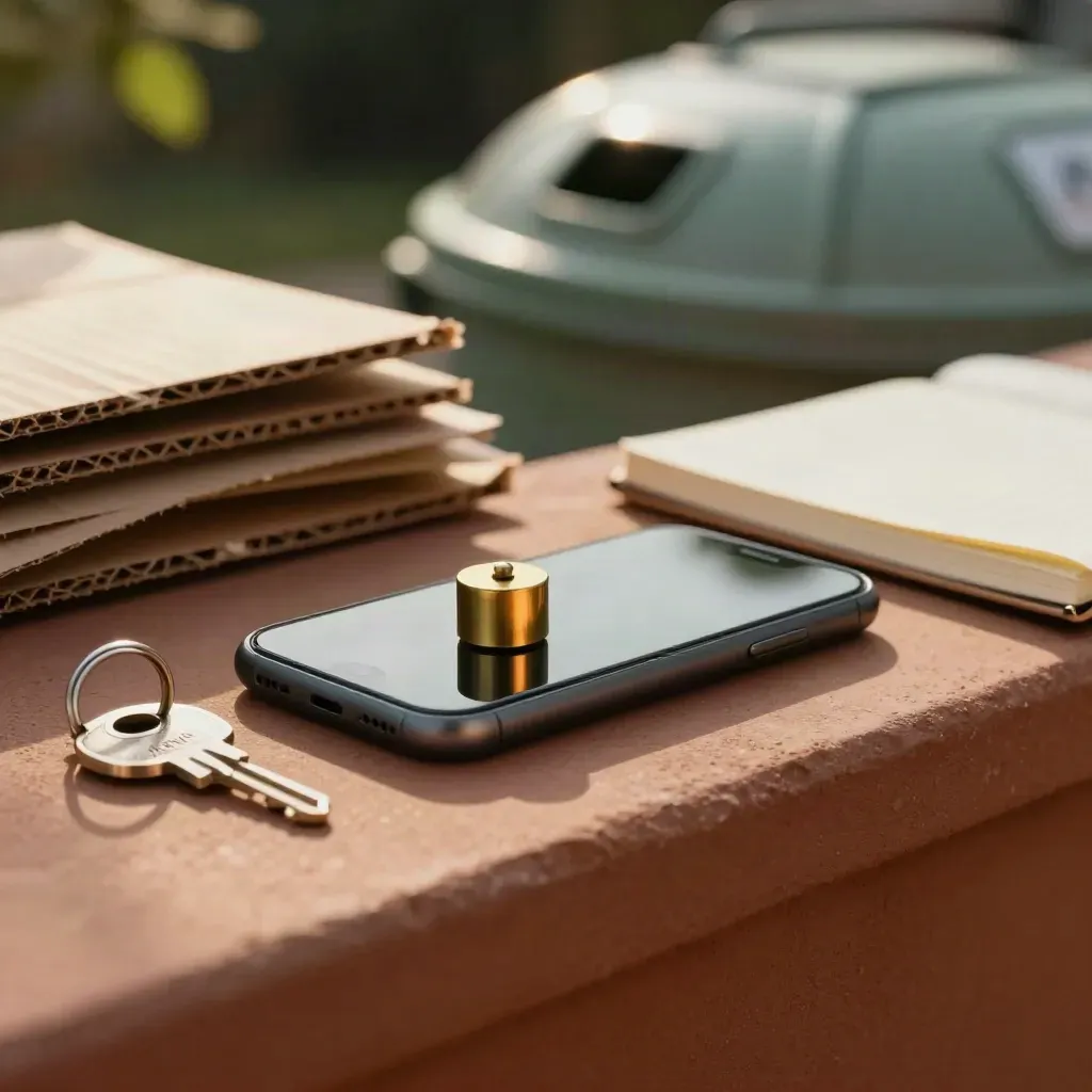 Face-down phone, brass paperweight, house key and closed notebook on a terracotta utility ledge.