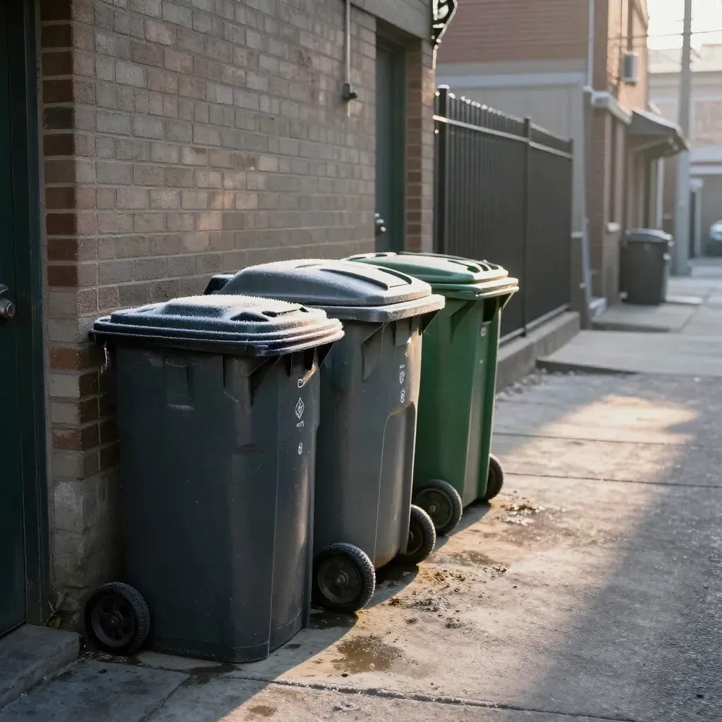 Frosty Toronto laneway with reduced bins, recycling carts and compost pail after pickup
