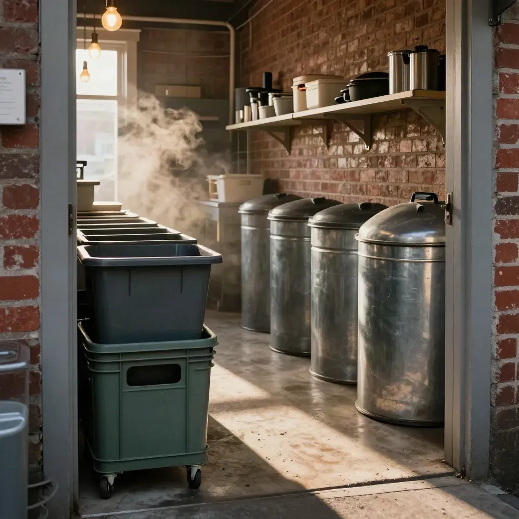 Hamilton cafe back room with nested bins, stacked crates, and a clean swept floor by brick walls.