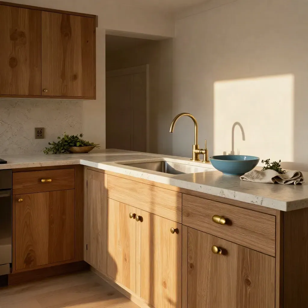 Finished Mississauga kitchen with reclaimed oak cabinets, brass pulls, and a salvaged stone counter.