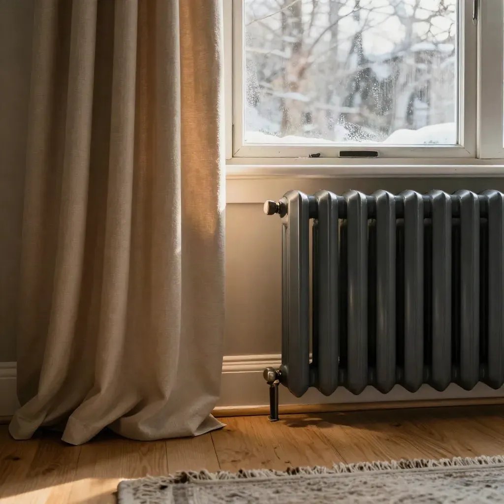 Cozy Brampton living room with sealed windows, heavy curtains, and a charcoal radiator shield