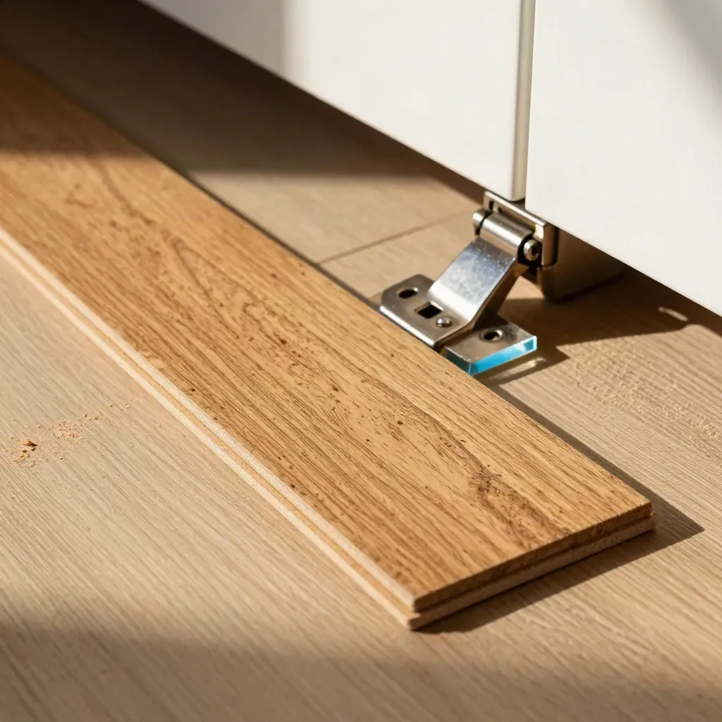 Macro flooring materials still life with cork, oak, glass sample, and hinge on pale wood.