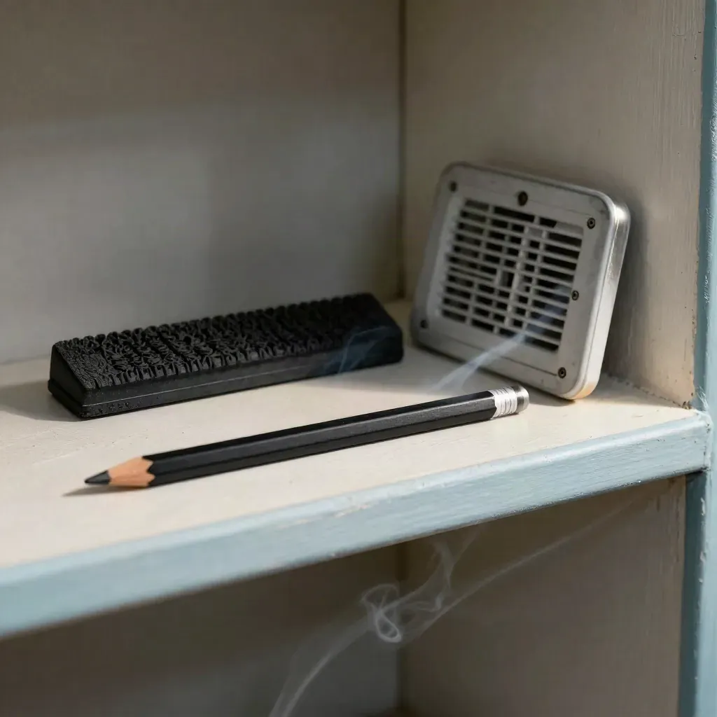 Smoke pencil with draft-sealing parts on a utility shelf, smoke leaning sideways in soft daylight.