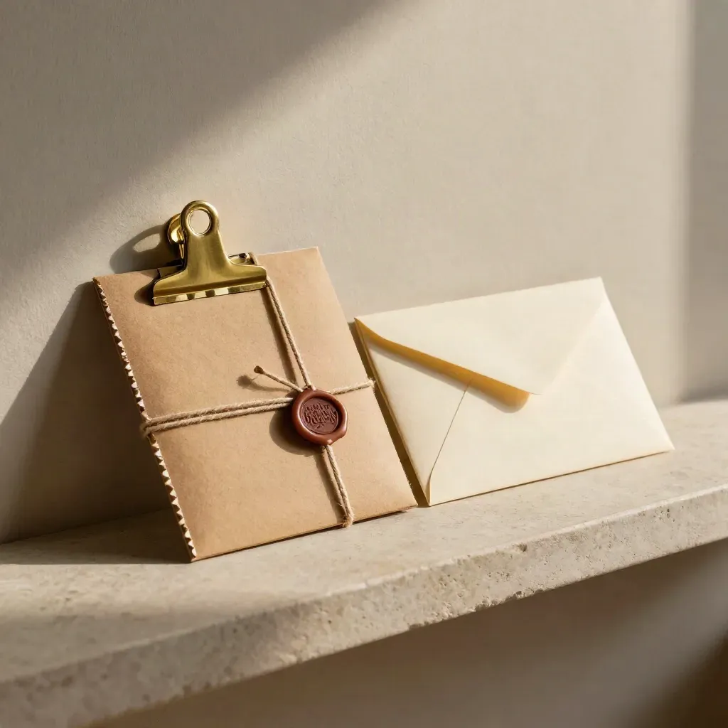 Craft packet on a stone shelf with brass clip, wax-sealed twine, and blank envelope.