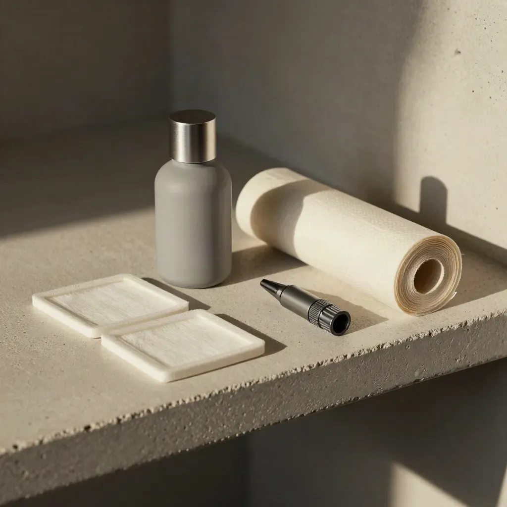 Overhead shelf flatlay of refill bottles, filters, compostable bag rolls and replacement parts.