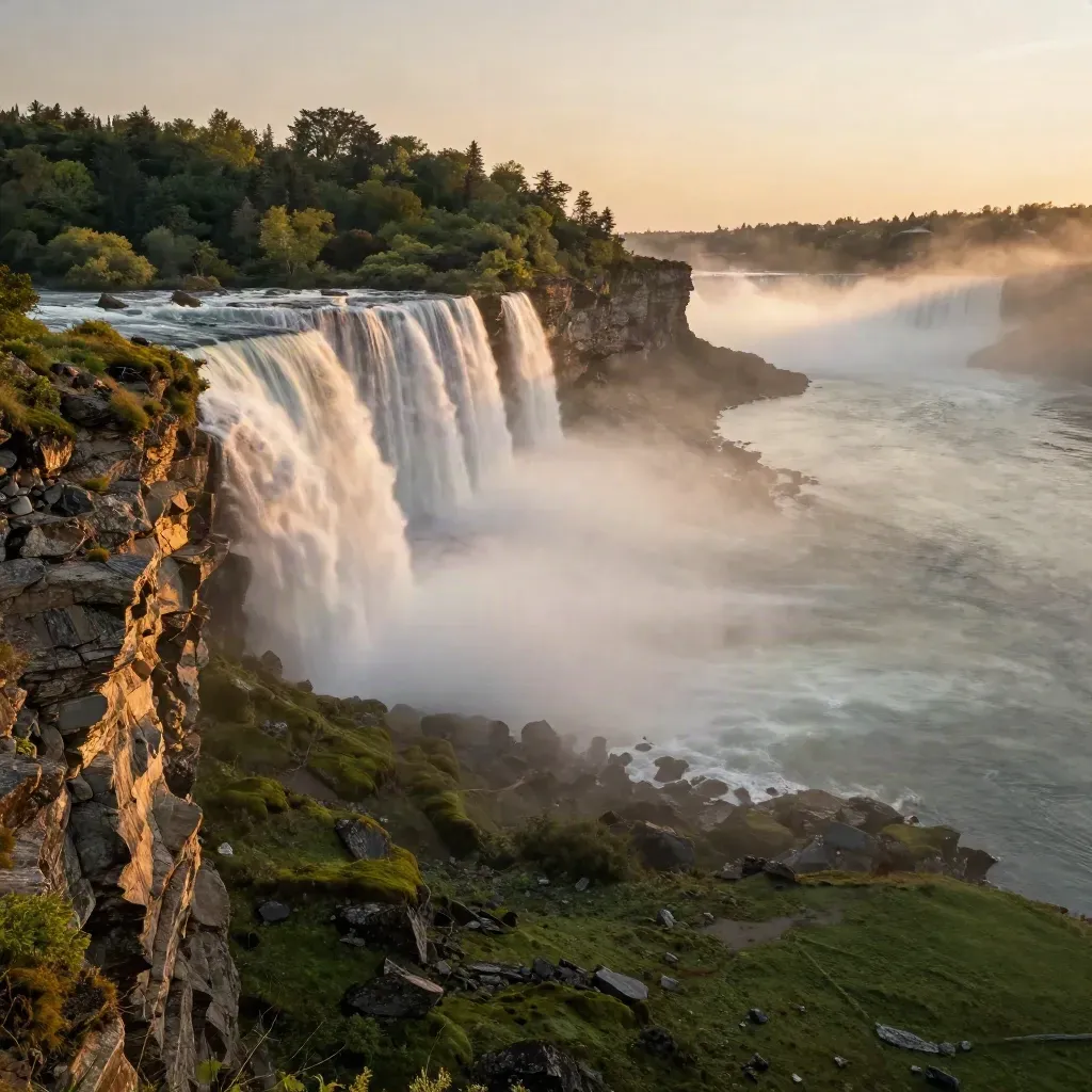 Misty Niagara Escarpment cliffs above a calm gorge and distant river bend at golden hour.