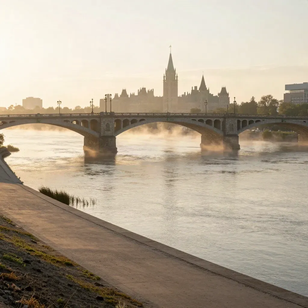 Ottawa River stone bridges and Parliament on a hazy morning horizon