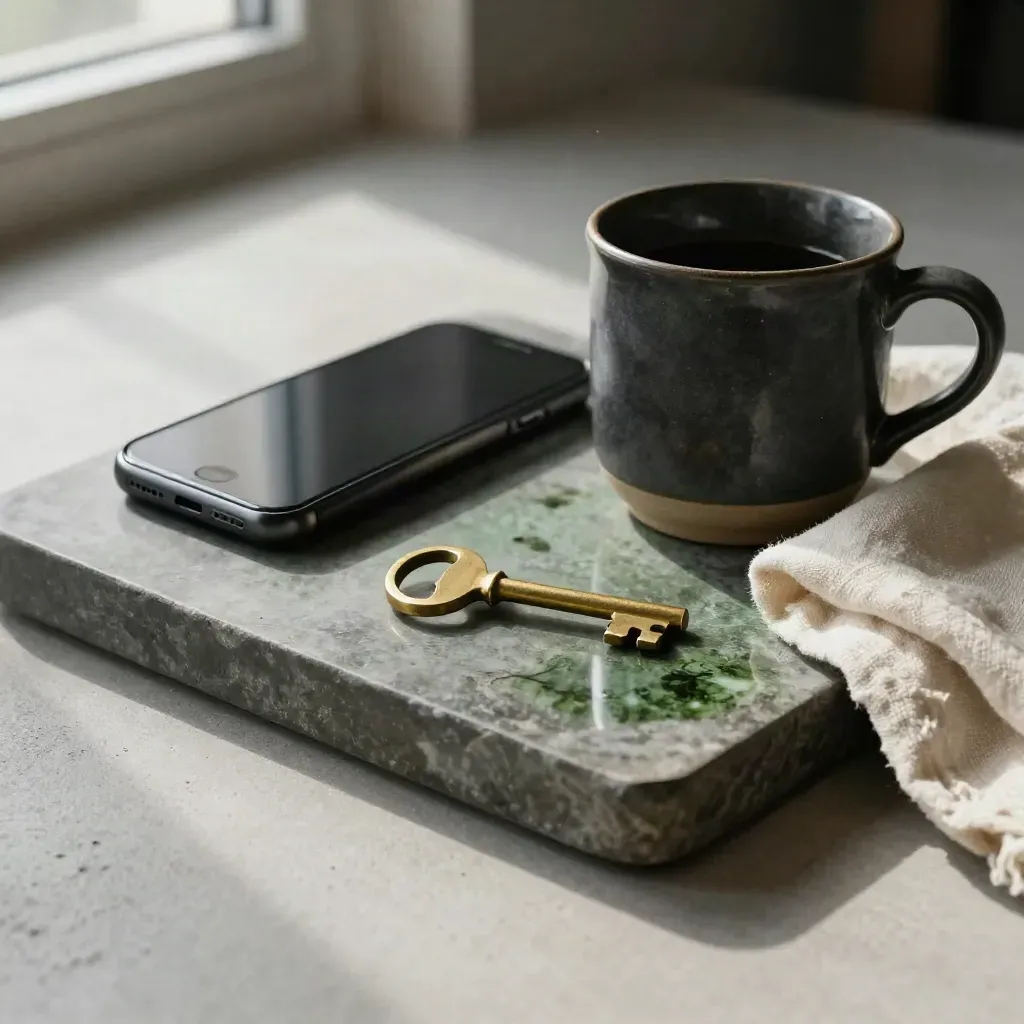 Brass key, closed phone, and dark mug on a stone tray in soft window light.