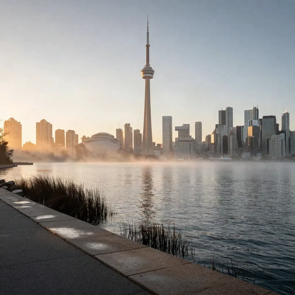 Toronto skyline and CN Tower glowing over misty lakefront at sunrise