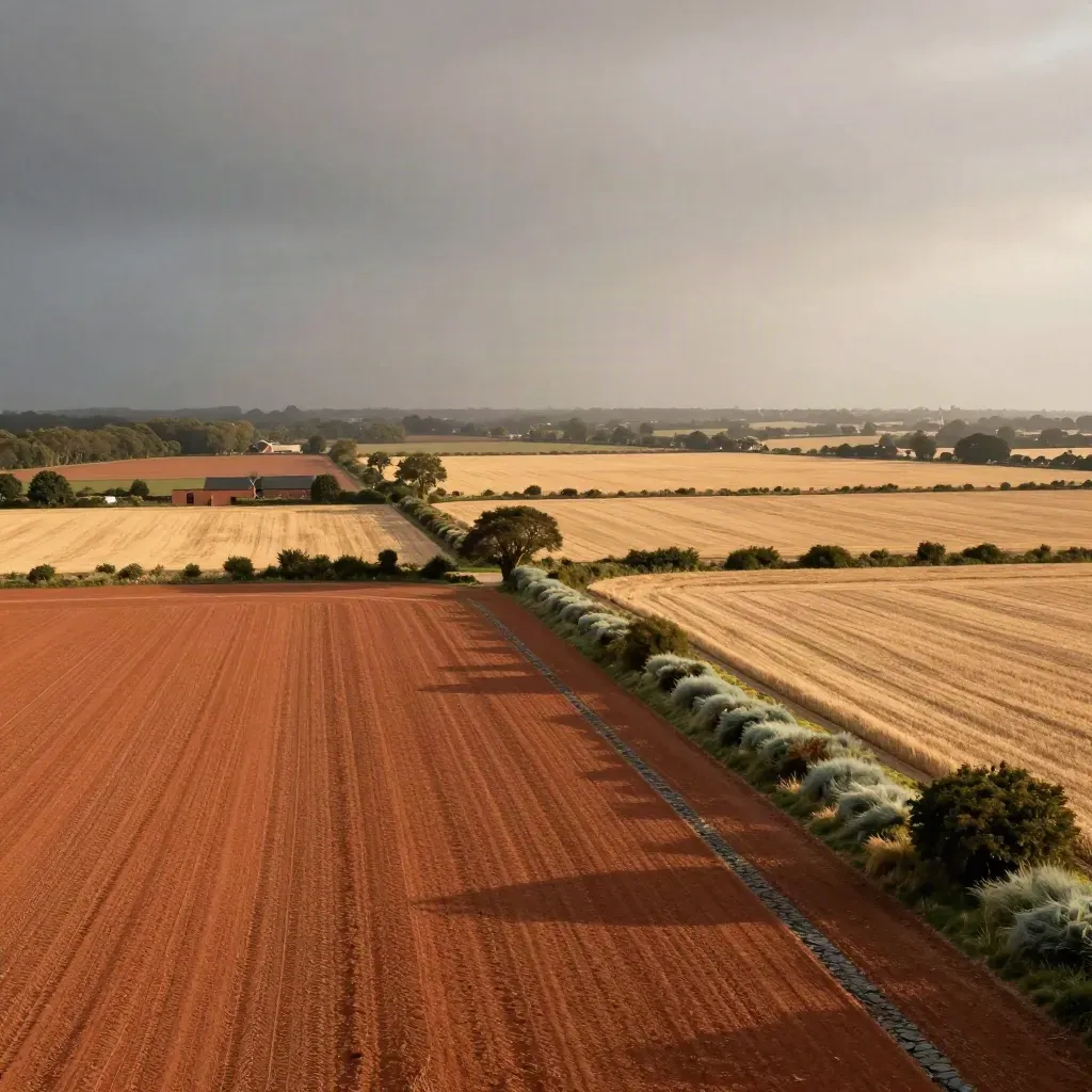 Post-rain farmland and river valley in warm haze, with calm open field space for copy.