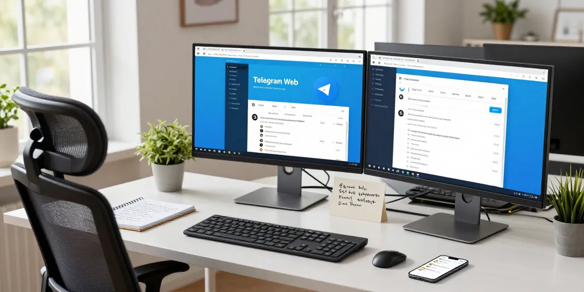Accessing Telegram Web Version from a modern workspace with dual monitors and natural light.