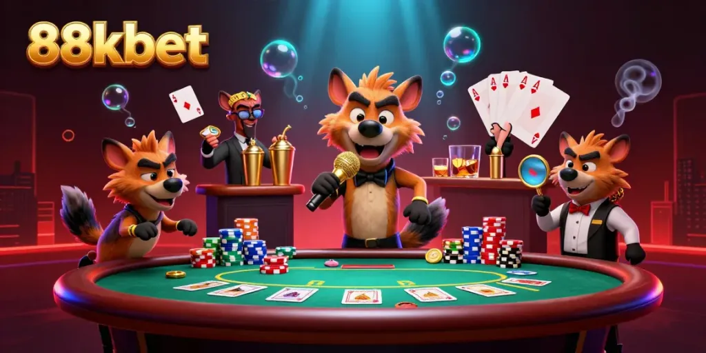 88kbet hyenas entertaining in a vibrant casino scene, showcasing poker elements and lively atmosphere