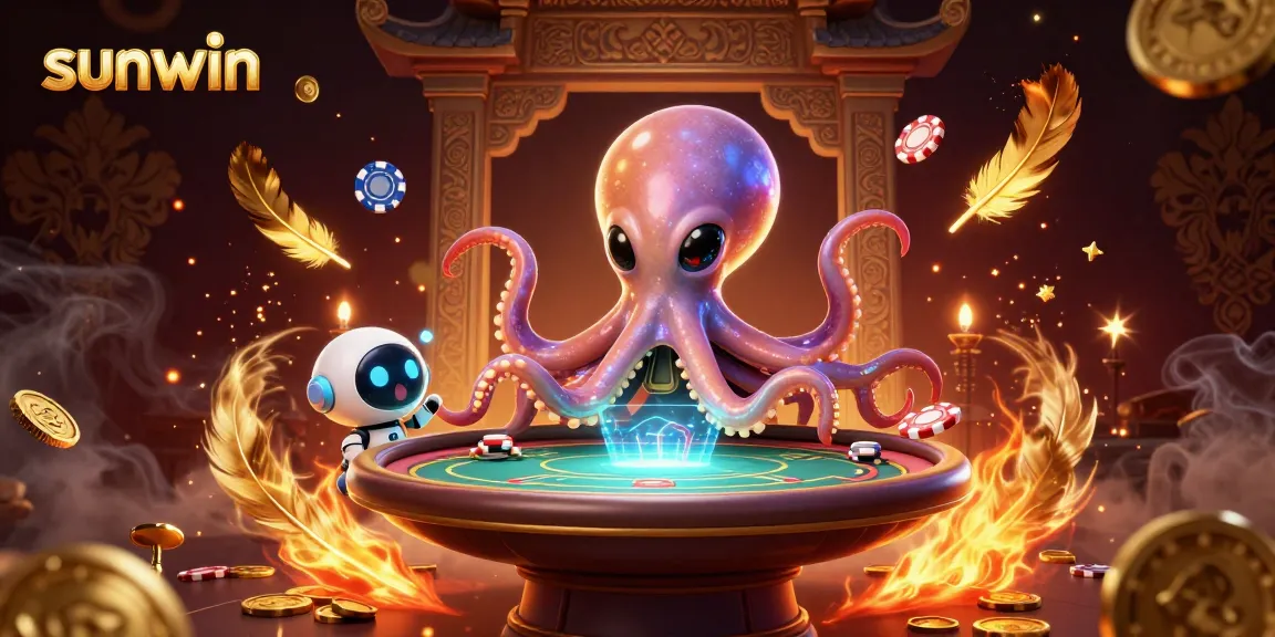 Experience thrilling gameplay at sunwin with an alien octopus and robot in a cosmic poker setting.