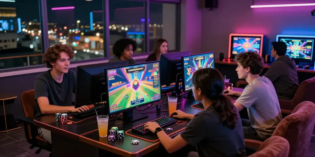 Suasana lounge permainan slot gacor yang penuh semangat dengan teman-teman bersenang-senang.